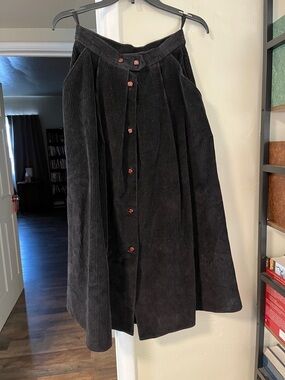 Button-Front Black Corduroy A-Line Midi Skirt